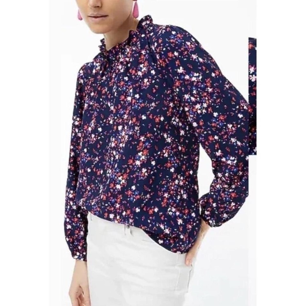 Womens J.Crew Navy Floral‎ Ruffled Neck Eyelet Long Sleeve Blouse